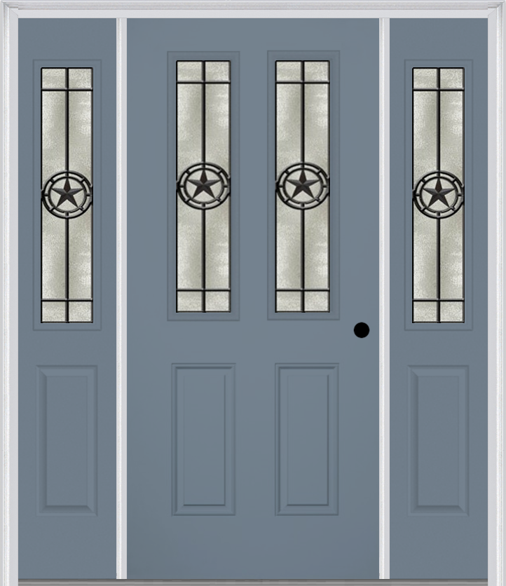 MMI 2-1/2 Lite 2 Panel 6'8" Fiberglass Smooth Elegant Star Wrought Iron Exterior Prehung Door With 2 Half Lite Elegant Star Wrought Iron Decorative Glass Sidelights 692
